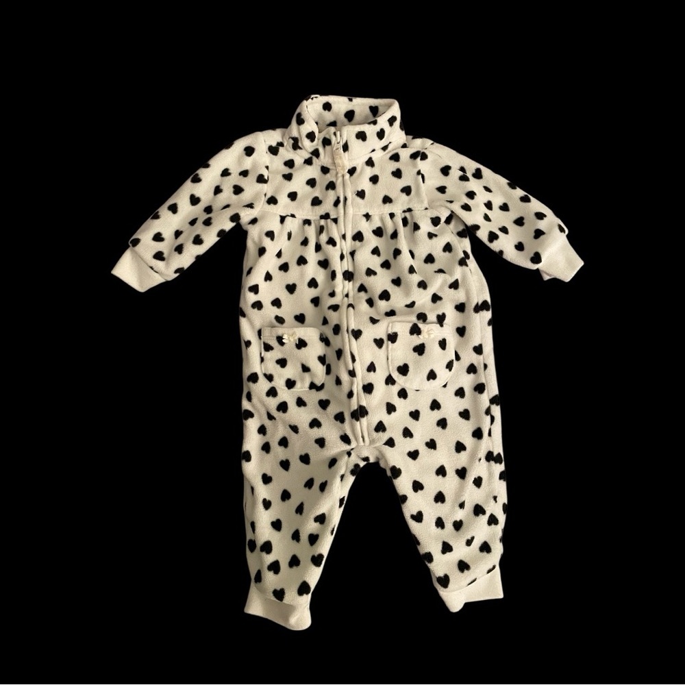 Carter's Black & White Hearts Patterned Fleece Jumpsuit w/Front Pockets & Bows - Picture 1 of 5